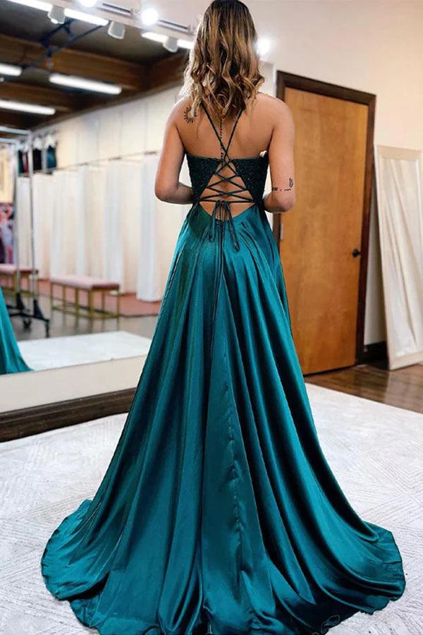 A-Line Long Satin Prom Evening Dress with Split