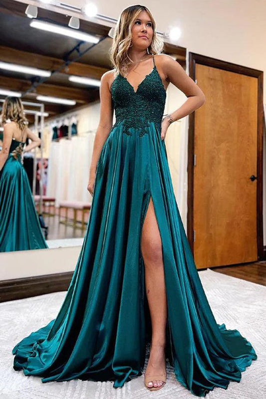 A-Line Long Satin Prom Evening Dress with Split