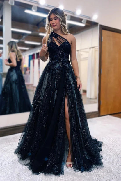 A-Line One Shoulder 3D Lace Appliques Long Prom Dress