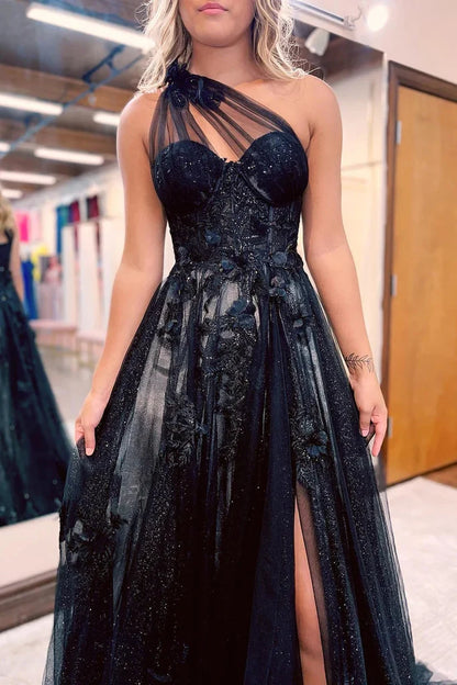 A-Line One Shoulder 3D Lace Appliques Long Prom Dress