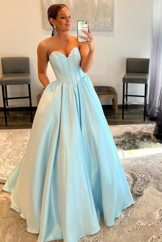 A-Line Sweetheart Strapless Long Prom Dress Formal Gown