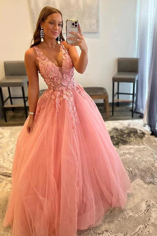 A-Line V Neck Tulle Appliques Prom Dress with Slit