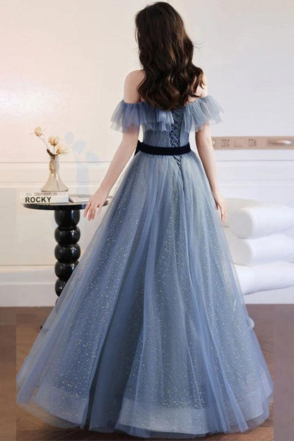 A-line Off The Shoulder Long Prom Dress Tulle Evening Dress