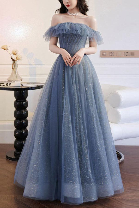 A-line Off The Shoulder Long Prom Dress Tulle Evening Dress