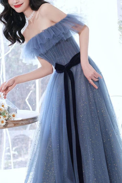 A-line Off The Shoulder Long Prom Dress Tulle Evening Dress