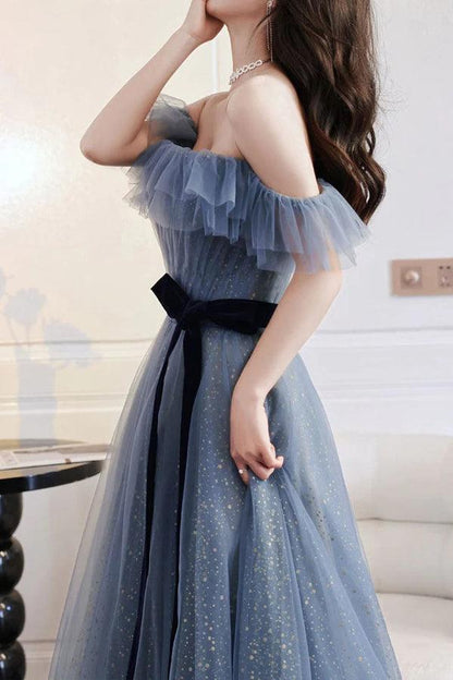 A-line Off The Shoulder Long Prom Dress Tulle Evening Dress