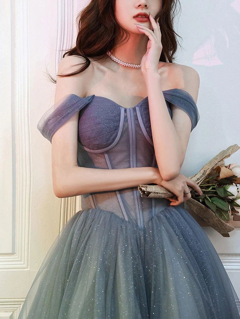 A-line Tulle Long Prom Dress Off The Shoulder Evening Dress