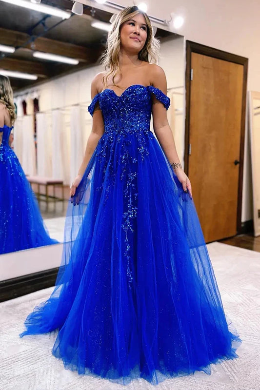 A-line Off The Shoulder Prom Dress Formal Gown With Appliques