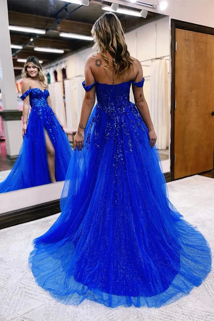 A-line Off The Shoulder Prom Dress Formal Gown With Appliques