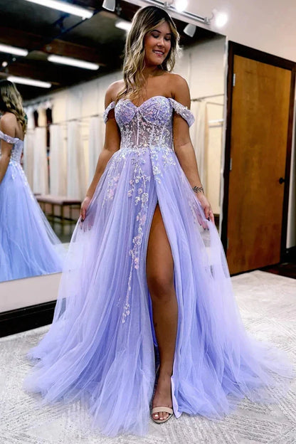 A-line Off The Shoulder Prom Dress Formal Gown With Appliques