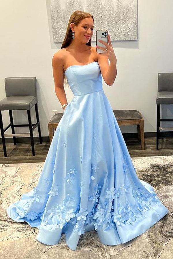 A-line Strapless Floral Long Prom Dresses Formal Dresses