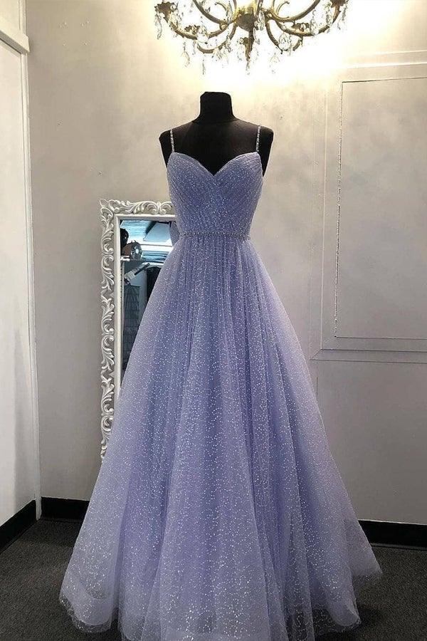 A-line Straps V Neckline Tulle Sparkly Prom Dress Formal Dress