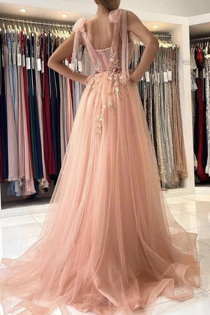 A-line Tulle Floral Lace Tulle Prom Dress Split Evening Dress