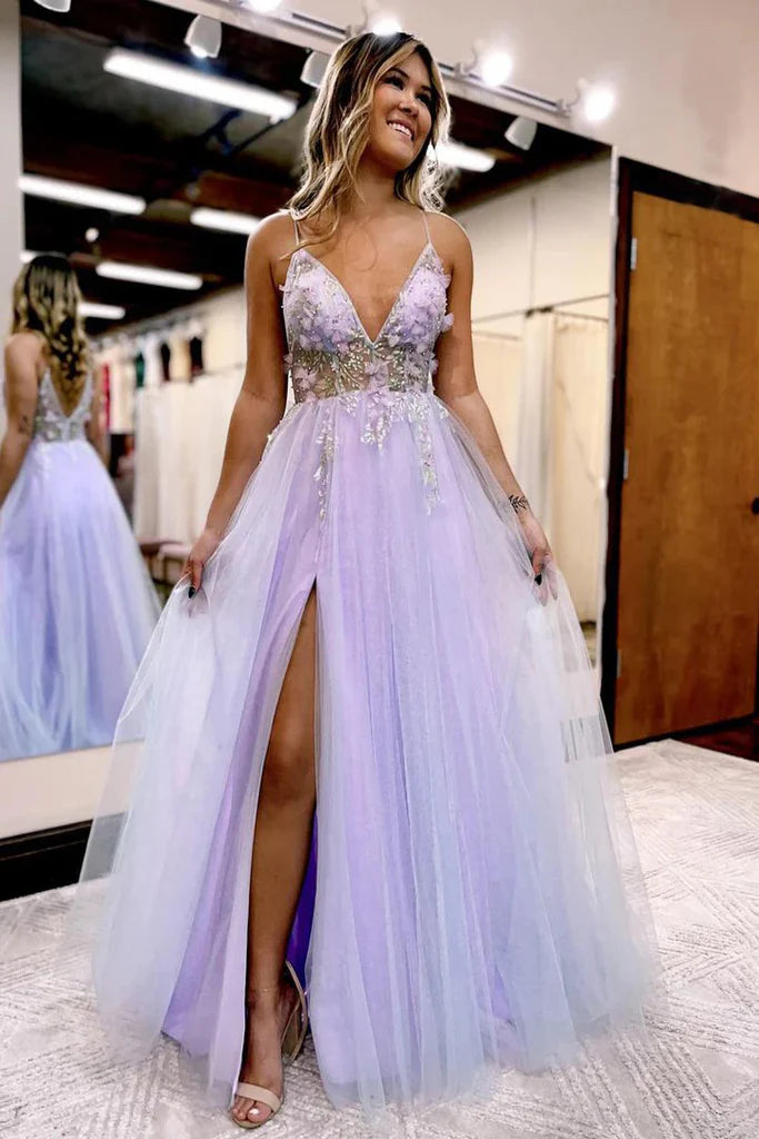 A-line V-Neck Spaghetti Straps Slit Tulle Prom Dress