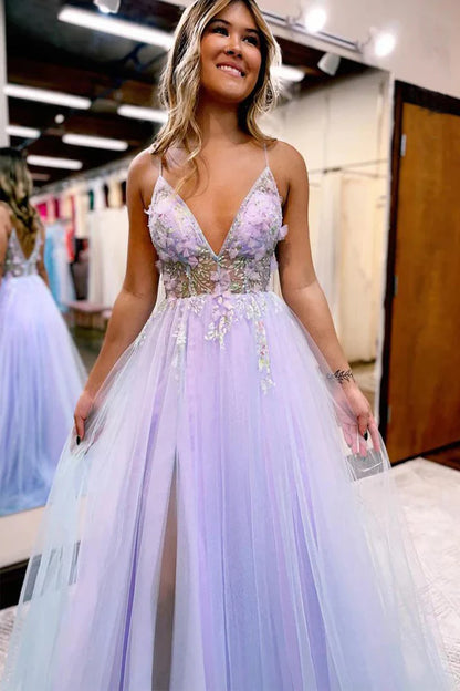 A-line V-Neck Spaghetti Straps Slit Tulle Prom Dress