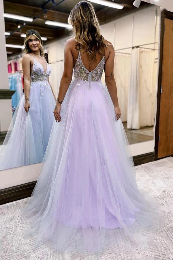 A-line V-Neck Spaghetti Straps Slit Tulle Prom Dress