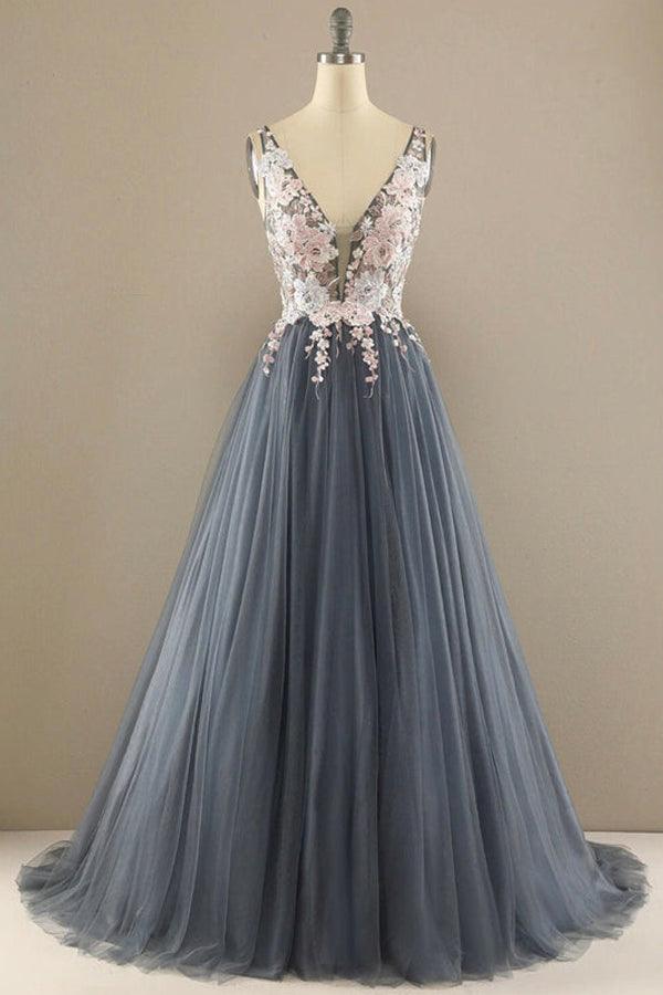 A-line V Neck Tulle Floral Lace Prom Dress Formal Dress