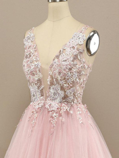 A-line V Neck Tulle Floral Lace Prom Dress Formal Dress