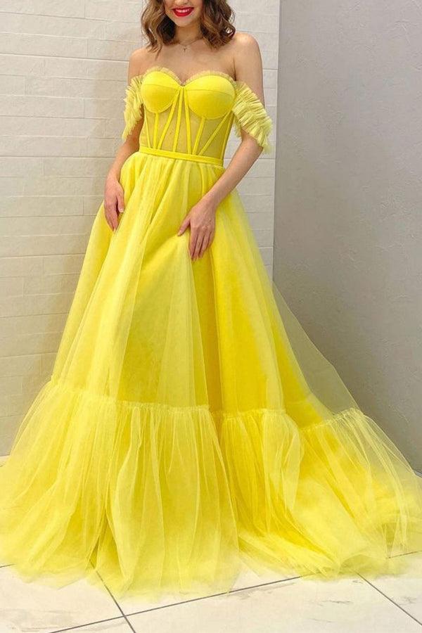 A-line Off The Shoulder Tulle Long Prom Dress Evening Dress