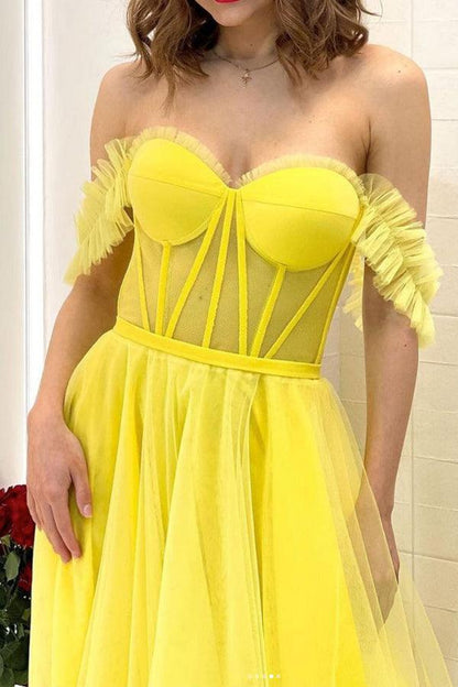 A-line Off The Shoulder Tulle Long Prom Dress Evening Dress