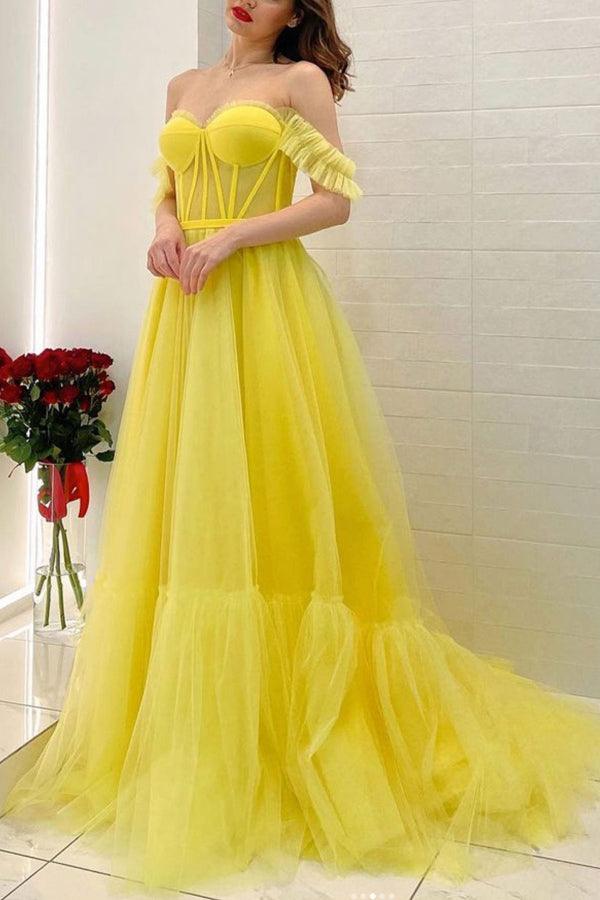 A-line Off The Shoulder Tulle Long Prom Dress Evening Dress