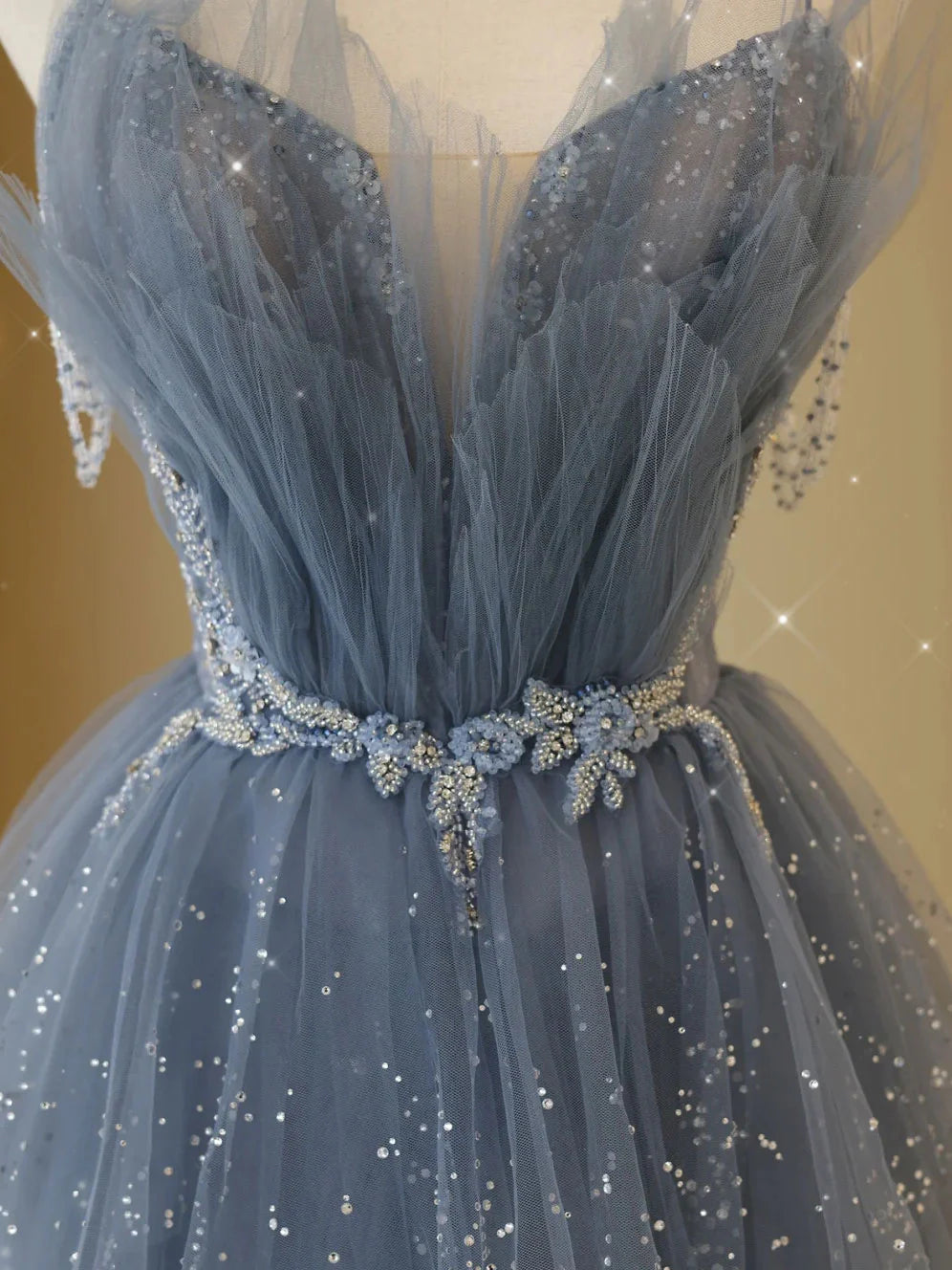 Tulle sequin beads long prom dress