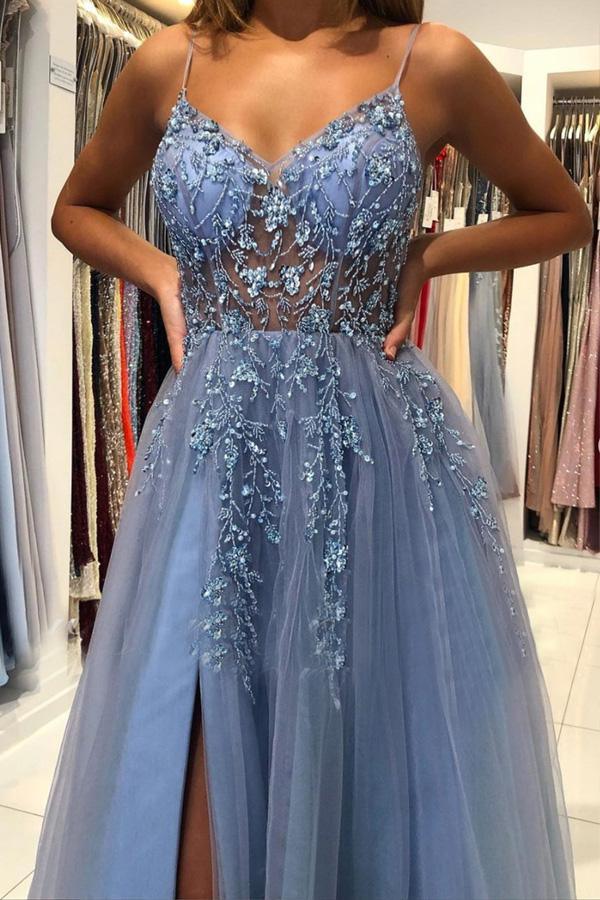 A Line V Neck Tulle Long Prom Dresses Formal Dress With Beading