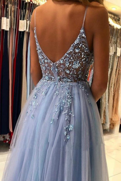 A Line V Neck Tulle Long Prom Dresses Formal Dress With Beading