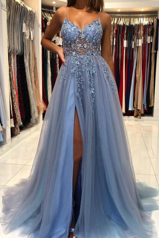 A Line V Neck Tulle Long Prom Dresses Formal Dress With Beading