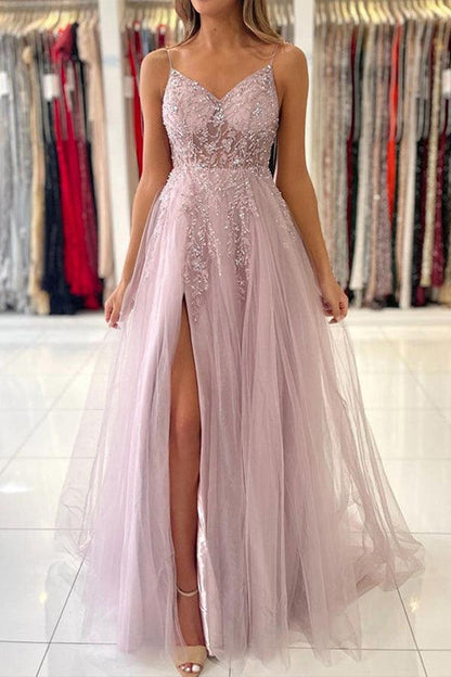 A Line V Neck Tulle Long Prom Dresses Formal Dress With Beading