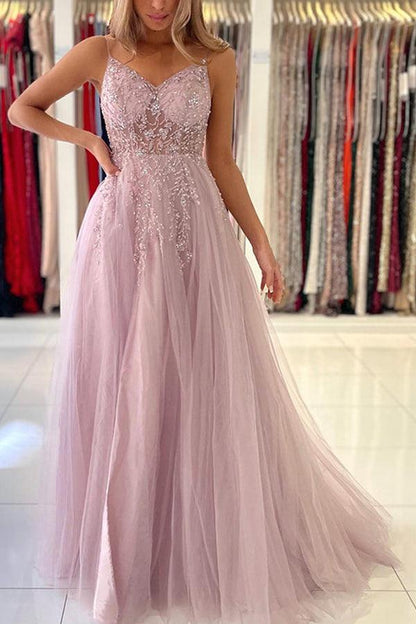 A Line V Neck Tulle Long Prom Dresses Formal Dress With Beading