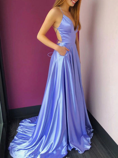 Simple v neck backless long prom dress