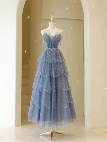 Tulle sequin beads long prom dress