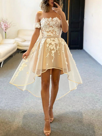 tulle off shoulder lace high low prom dress