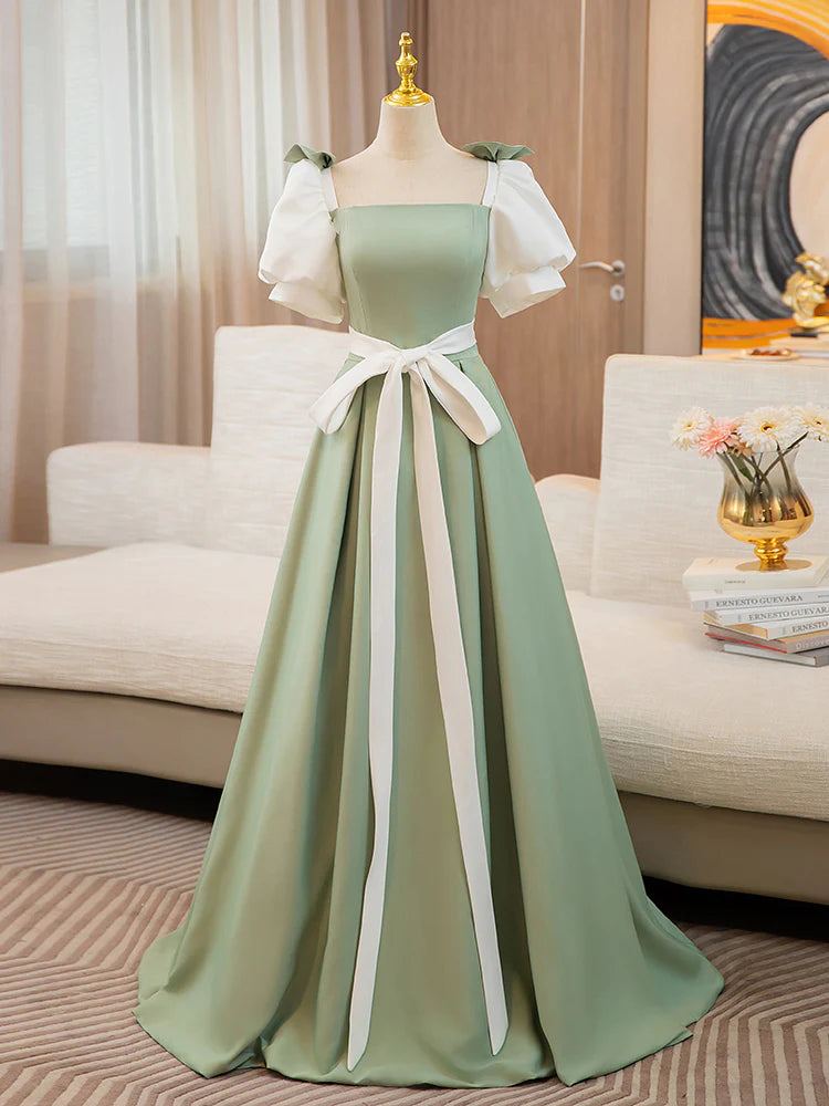 A-Line Puff Sleeves Satin Long Prom Dress