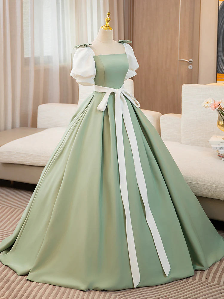 A-Line Puff Sleeves Satin Long Prom Dress