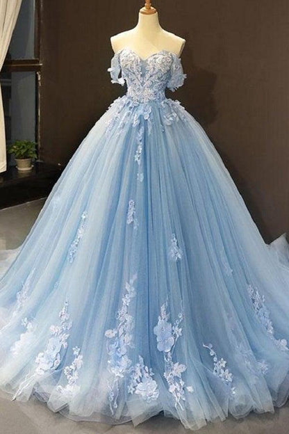 A-line Off Shoulder Prom Dresses 3D Flowers Applique Ball Gowns