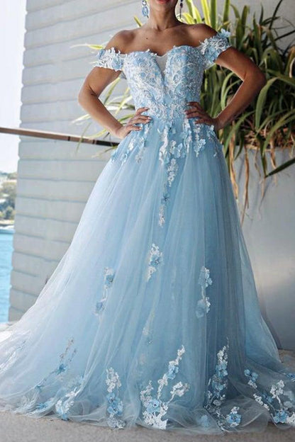 A-line Off Shoulder Prom Dresses 3D Flowers Applique Ball Gowns