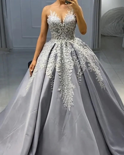 A-line Satin Ball Gown Lace Embroidery Prom Dresses