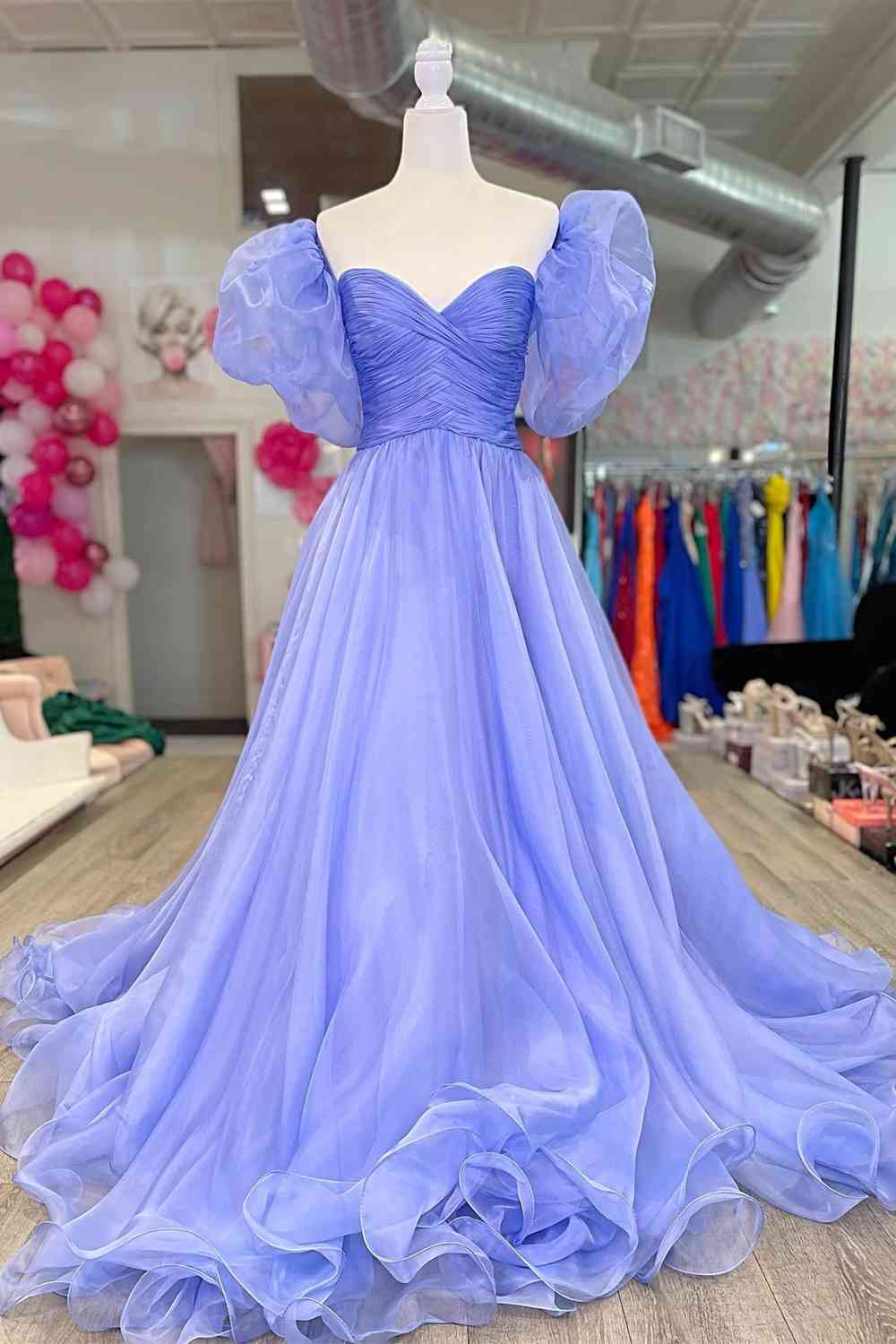 Ball Gown Princess Puff Sleeves Pleated Tulle Long Prom Dress With Slit