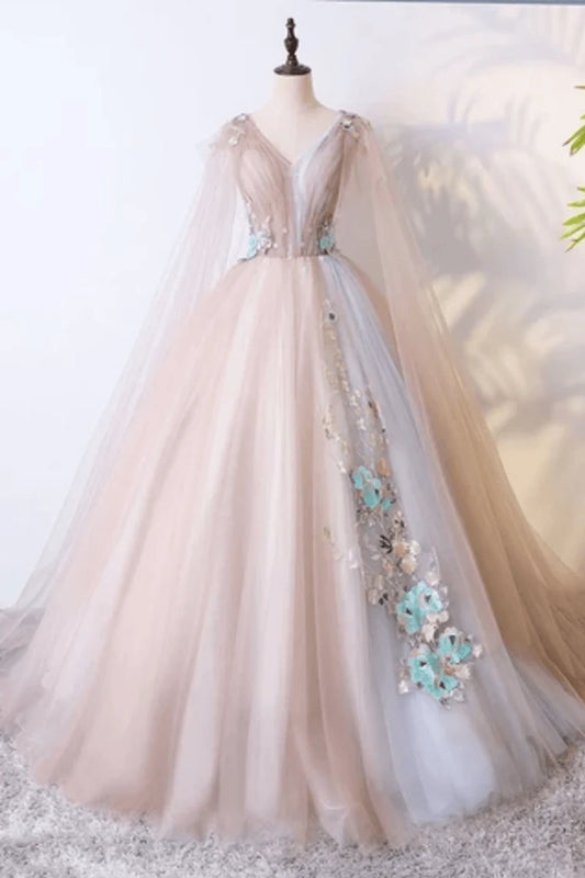 Ball Gown V Neck Tulle With Appliques Prom Dress