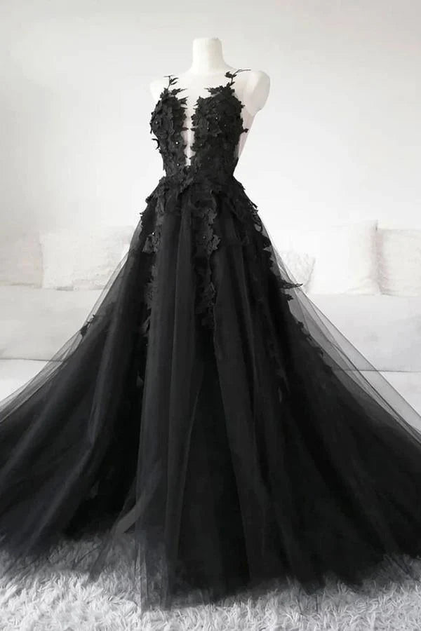 A-line V Neck Ball Gown Deep Lace Prom Dresses with Appliques