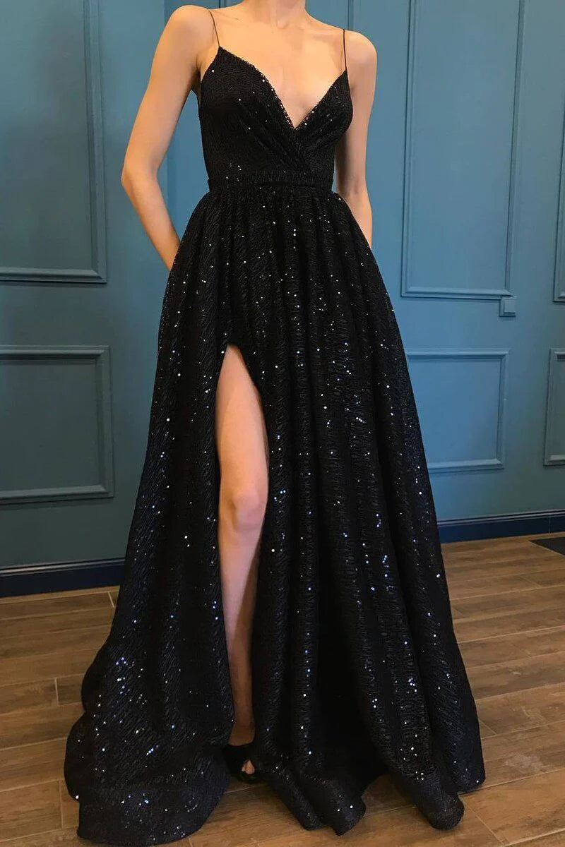 A Line Straps Sparkle Long Prom Dresses with Pockets V Neck Sequins Slit Party Gown