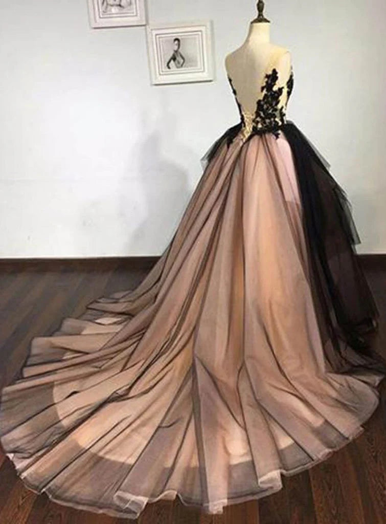 A Line V Neck Tulle Formal  Long Lace up Ball Gown Prom Dress