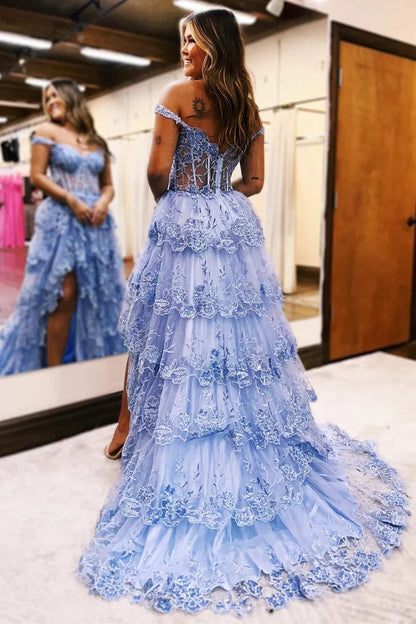 Tulle Appliques Off-the-Shoulder Ruffle Long Prom Dress