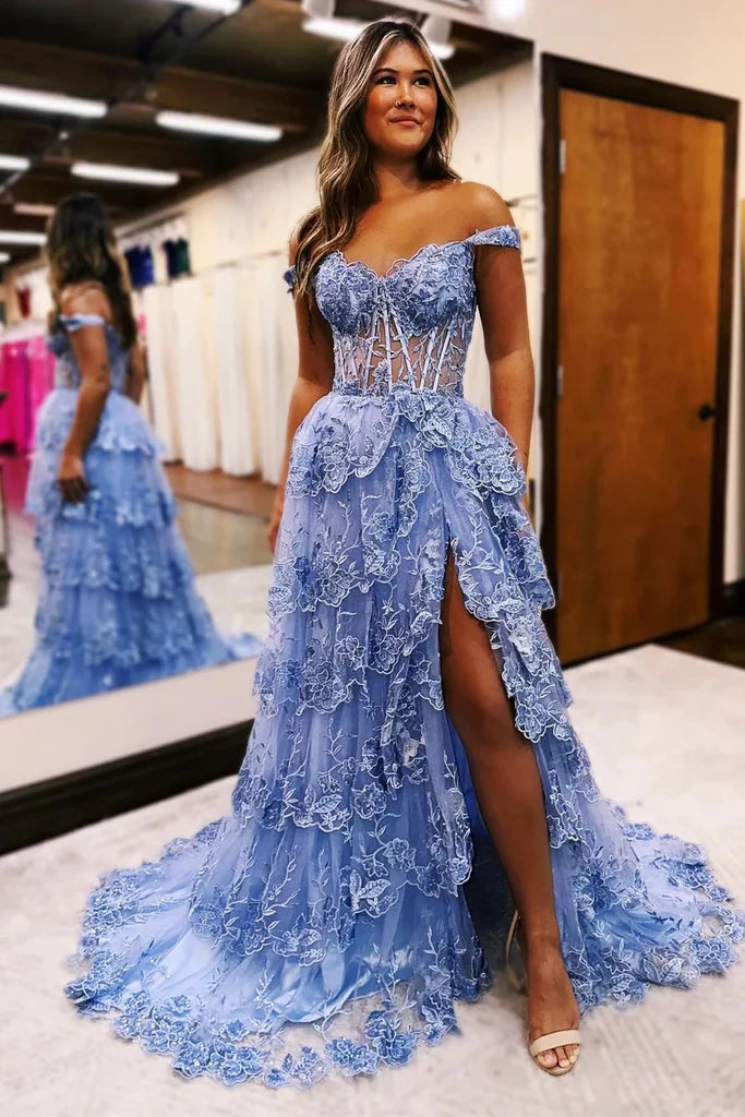 Tulle Appliques Off-the-Shoulder Ruffle Long Prom Dress