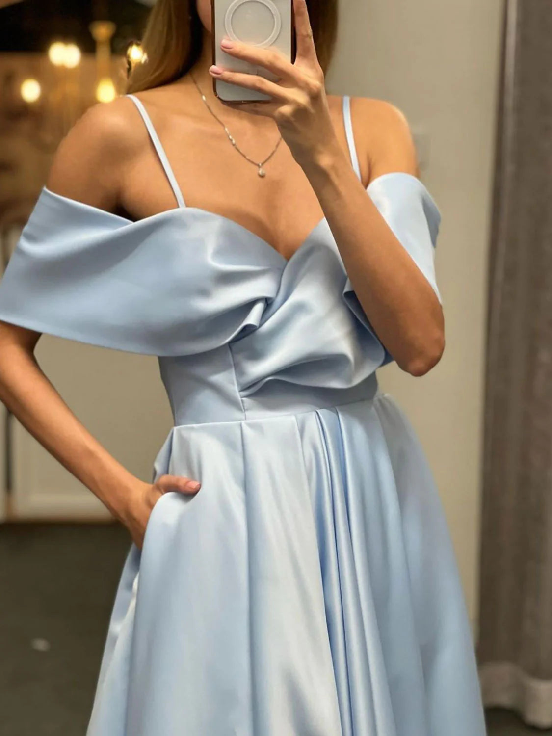 Simple off shoulder satin long prom dress