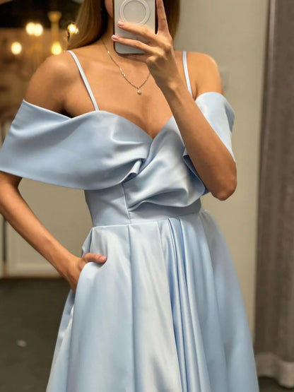 Simple off shoulder satin long prom dress