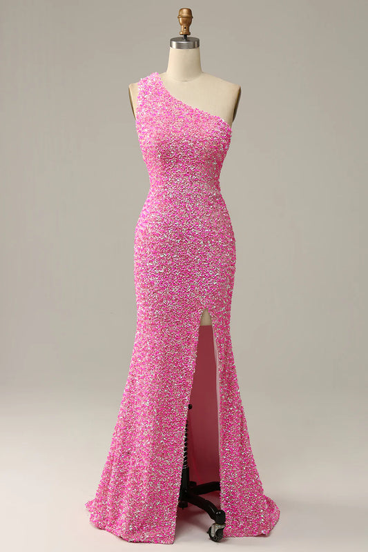 Sequined One Shoulder Mermaid Prom Dress With Slit