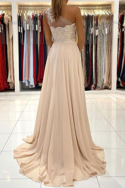 Chiffon One Shoulder Lace Long Prom Dress Formal Dress